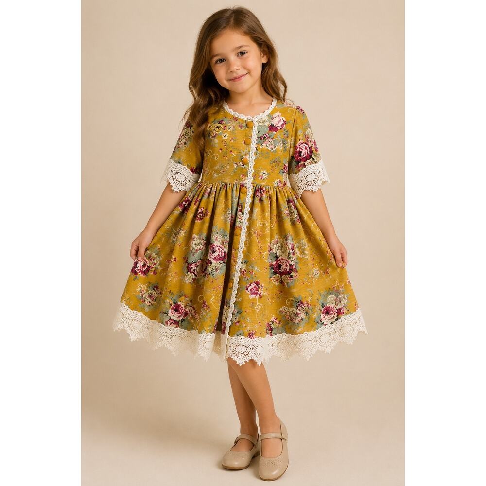 Trish Scully Girls Mustard Floral Lace Trim Dress Size 12